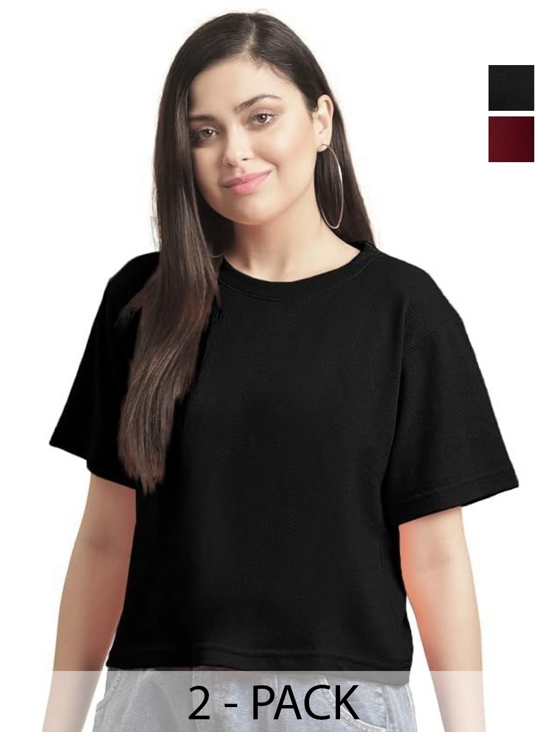 

NOTWILD Women Pack Of 2 Solid Round Neck Cotton T-shirts, Burgundy