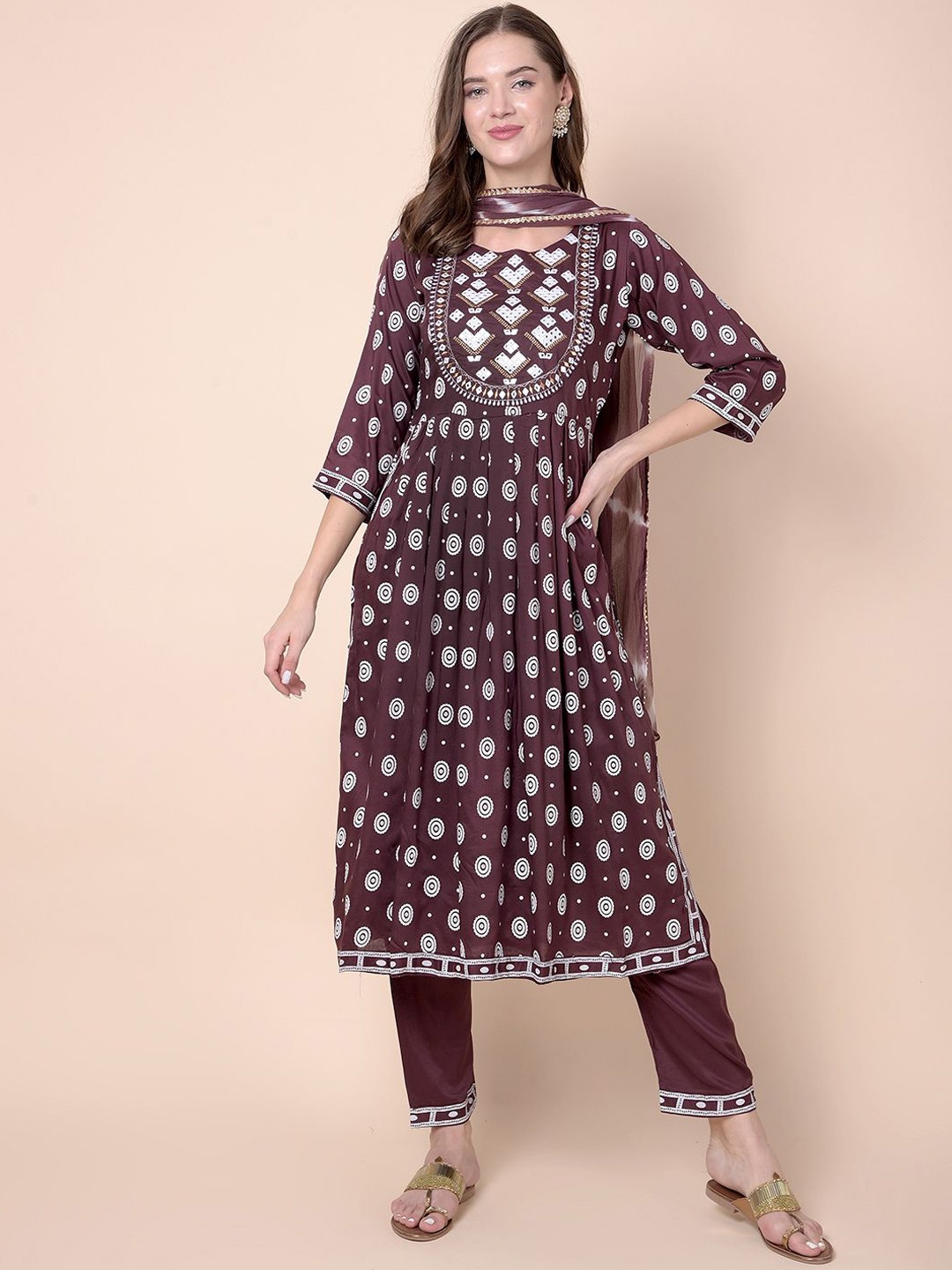 

Moda Rapido Women Embroidered Regular Thread Work Kurta with Trousers & With Dupatta, Brown