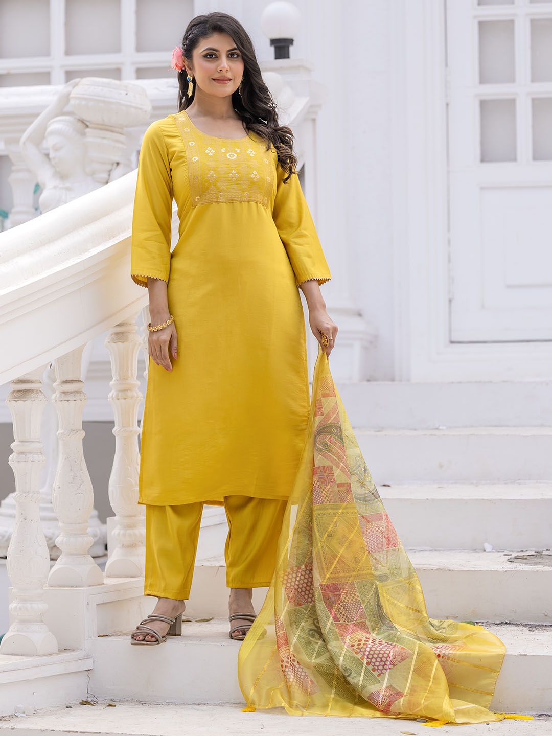 

KALINI Floral Embroidered Roman Silk Straight Kurta With Trousers & Dupatta, Yellow