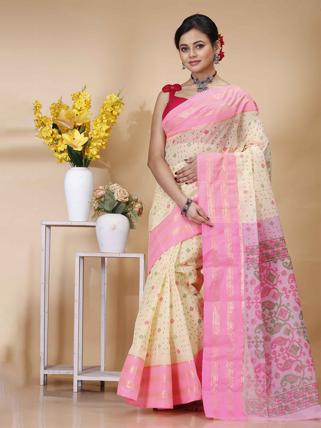 

SRILOK Ethnic Motifs Pure Cotton Taant Saree, Pink