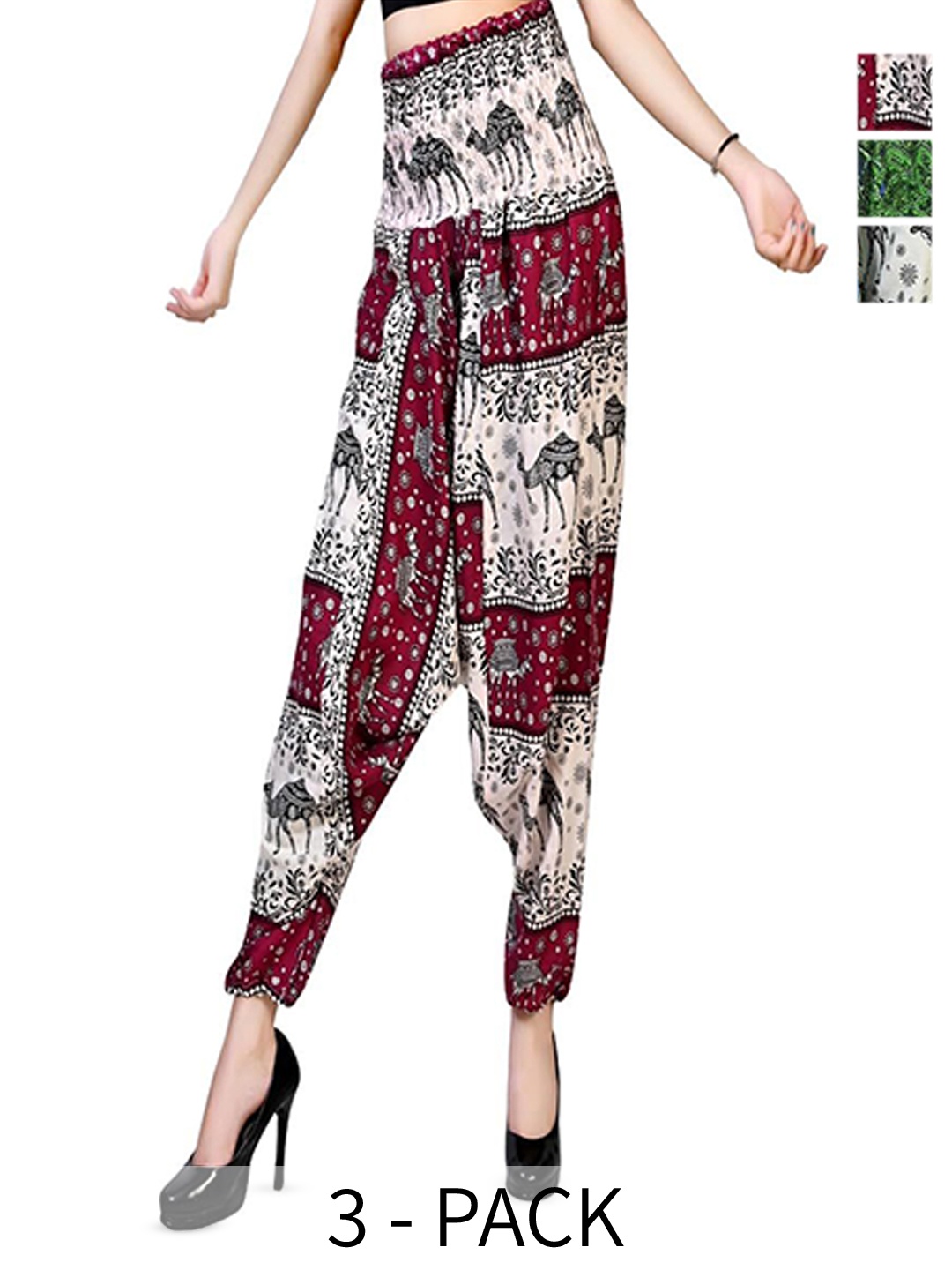 

NarNari Women Pack Of 3 Ethnic Motifs Printed Harem Pants, Green