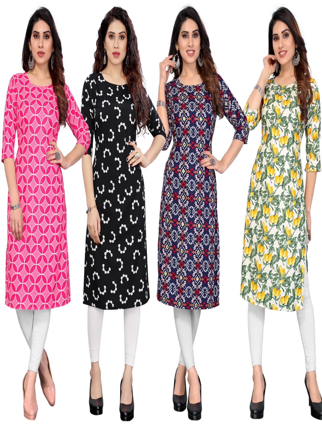

KETAKI FASHION Selection Of 4 Geometric Printed Round Neck Straight Kurtas, Pink