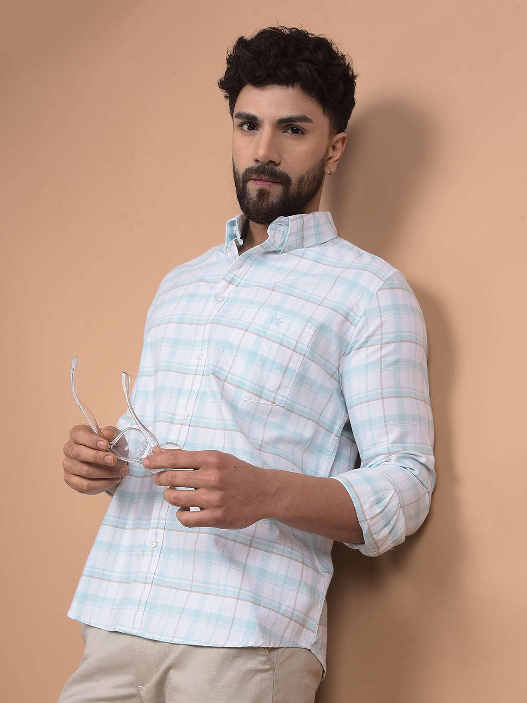 

Crimsoune Club Men Premium Slim Fit Button-Down Collar Tartan Checked Cotton Casual Shirt, White