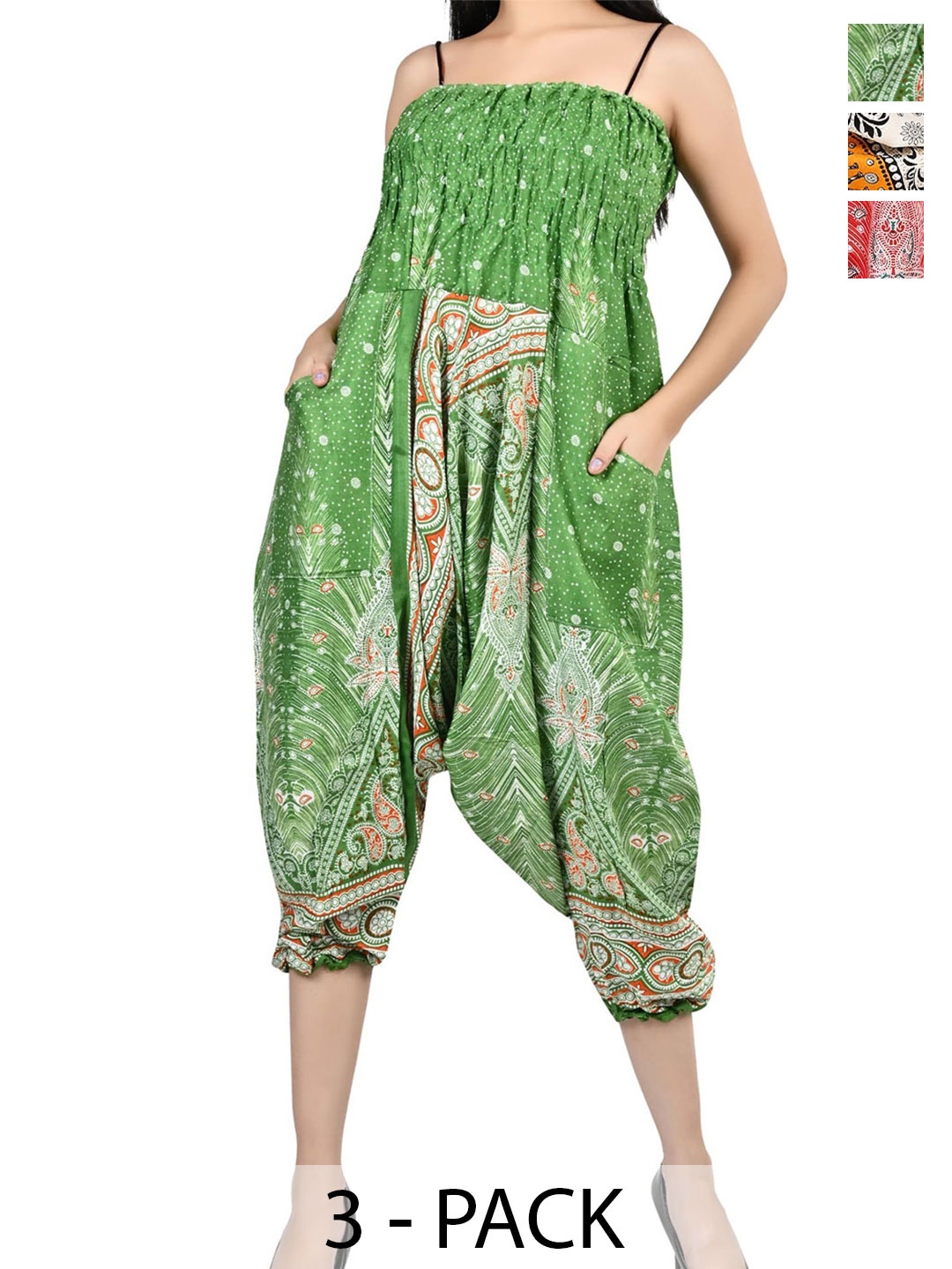 

NarNari Women Pack Of 3 Printed Mid-Rise Harem Pants, Green