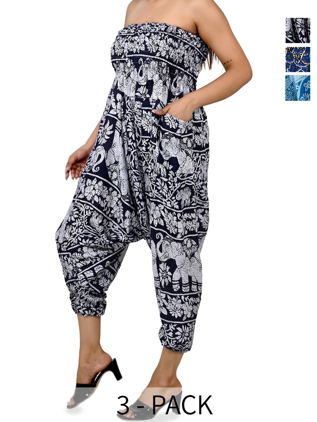 

NarNari Women Pack Of 3 Printed High-Rise Harem Pants, Navy blue