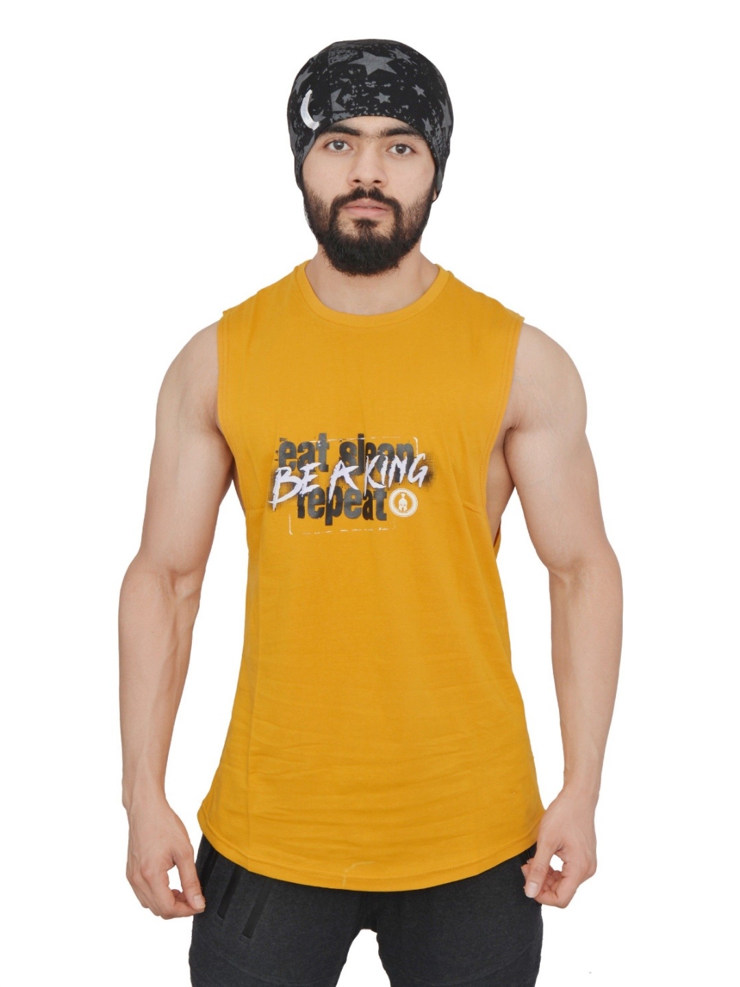 

Anax Aesthetics Graphic Printed Sleeveless Arckon Cutoff Stringer Cotton Gym Vest, Mustard