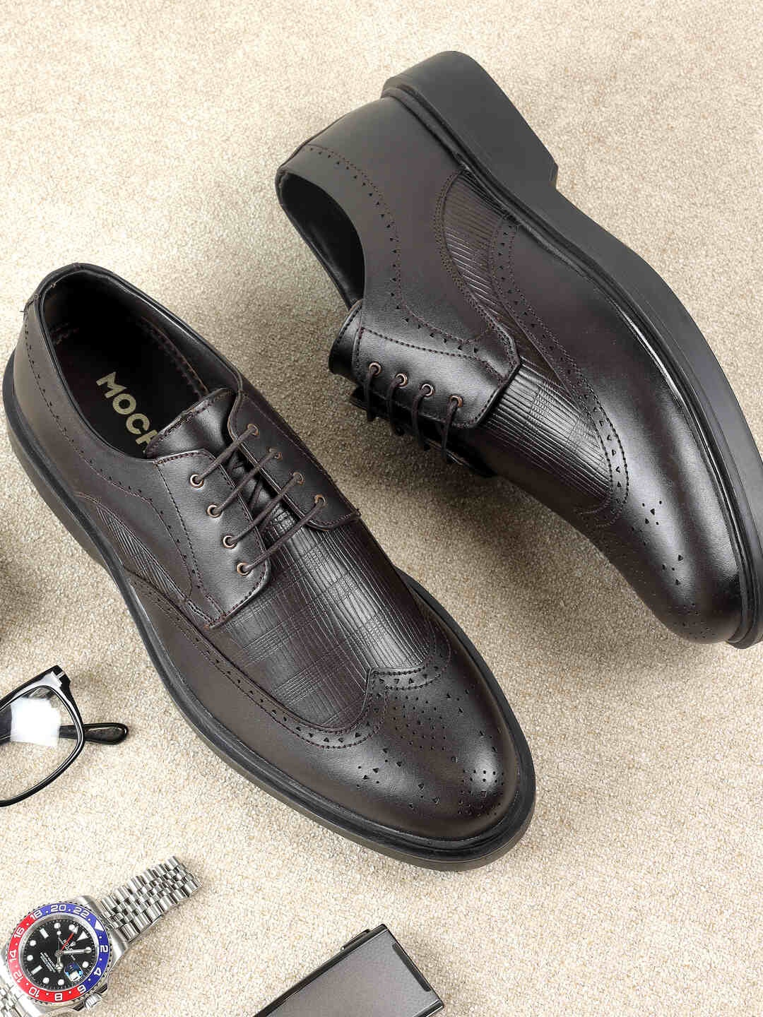 

Mochi Men Leather Formal Brogues Shoes, Brown