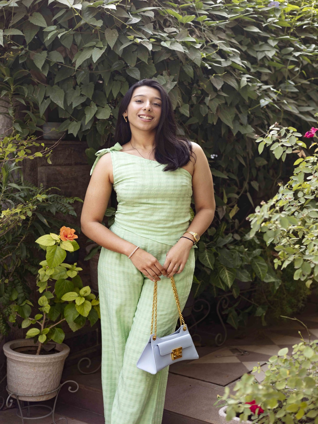 

EROTISSCH Green Self Design One Shoulder Top With Trousers