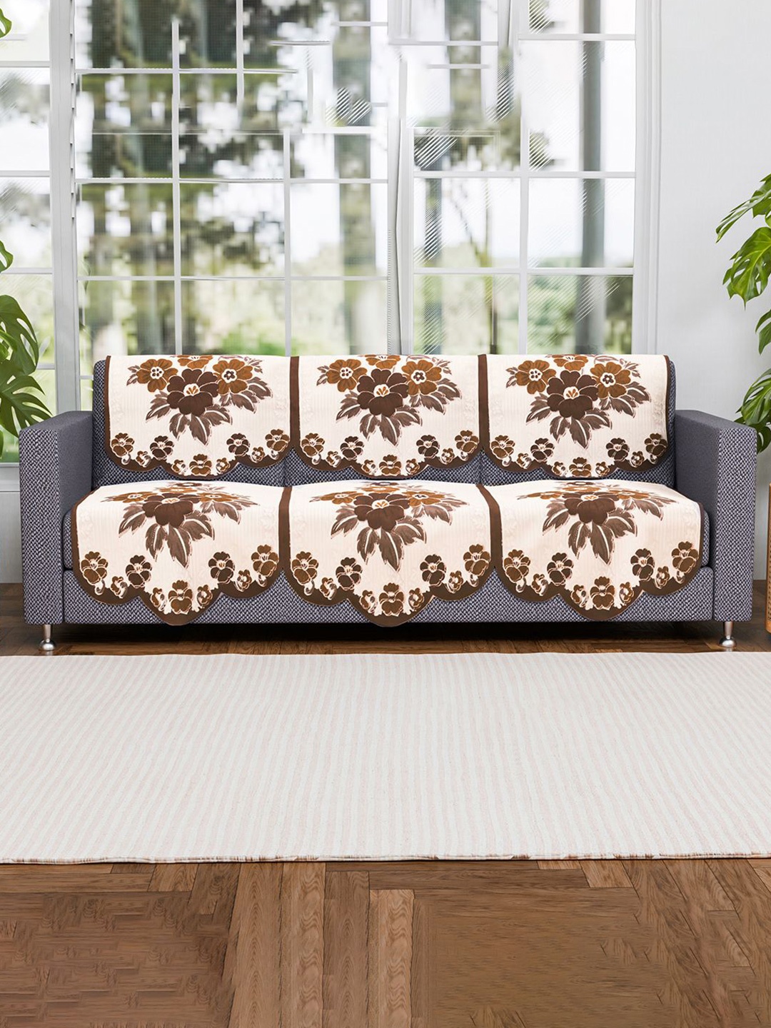 

Kuber Industries Cream-Coloured Set of 6 Floral Pure Cotton Three Seater Sofa Covers