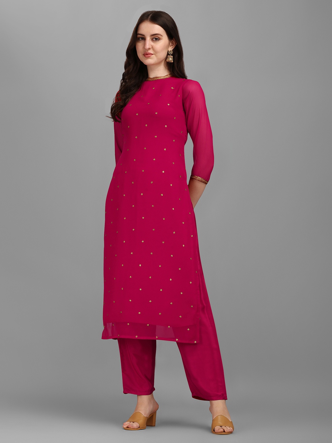 

Fourleaf Women Embroidered Regular Sequinned Kurta with Trousers, Magenta