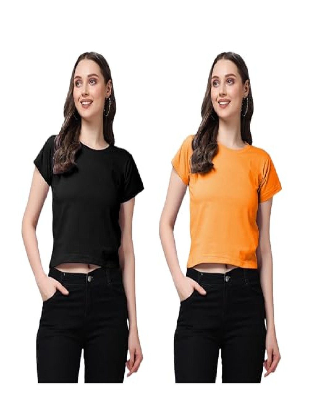 

NOTWILD Women Pack Of 2 Solid Round Neck Cotton T-shirts, Black