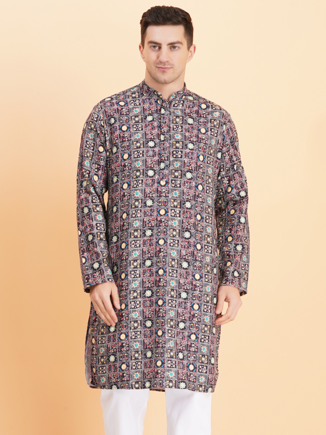 

SG LEMAN Abstract Printed Mandarin Collar Cotton Straight Kurta, Navy blue