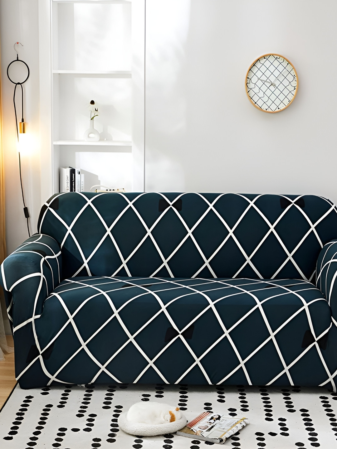 

KriShyam Green & White 4 Pieces Geometric Printed 4 Seater Sofa Cover with Arms