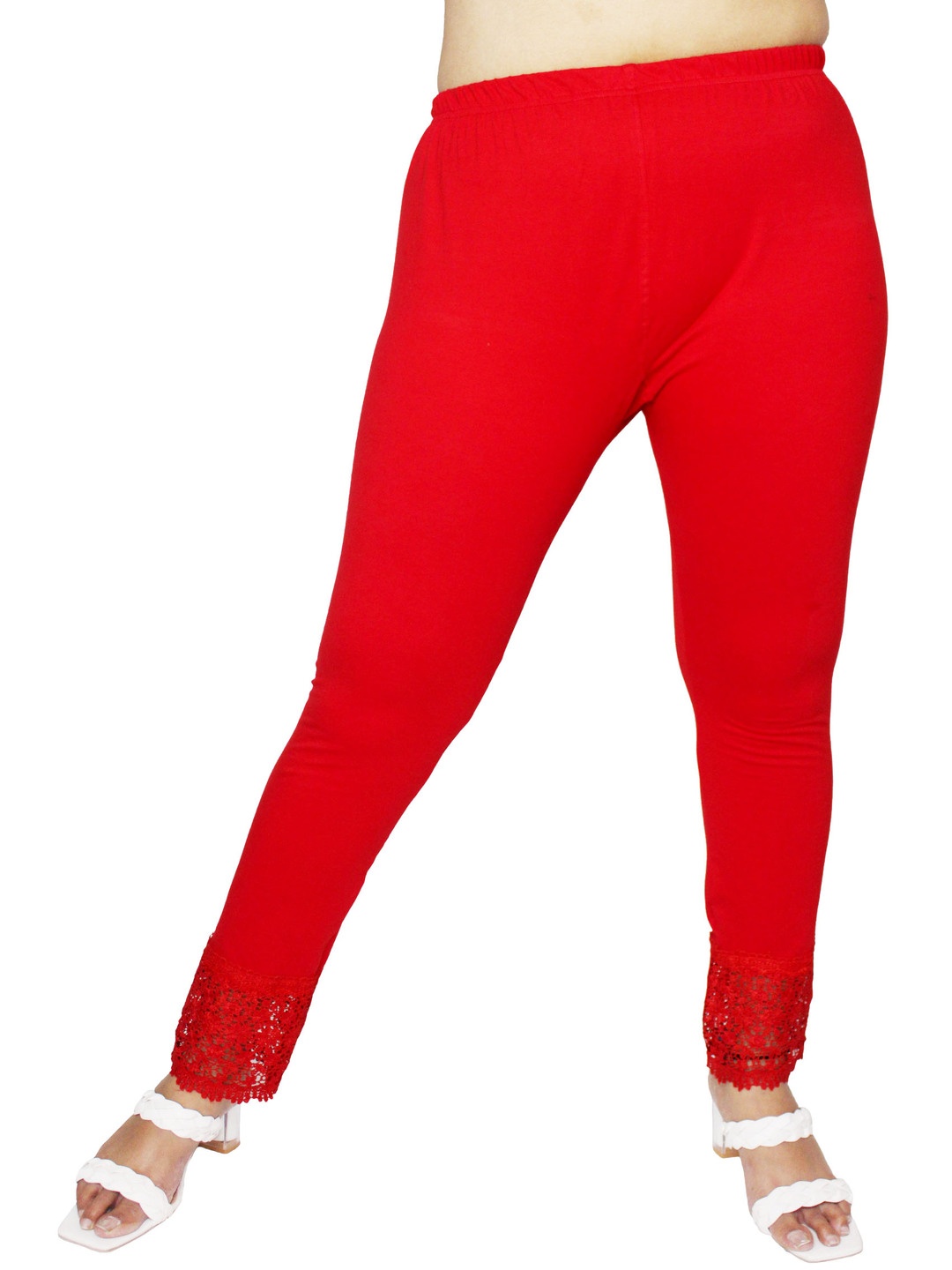 

PINK SHELL Women Cotton & Lace Ankle-Length Leggings, Red