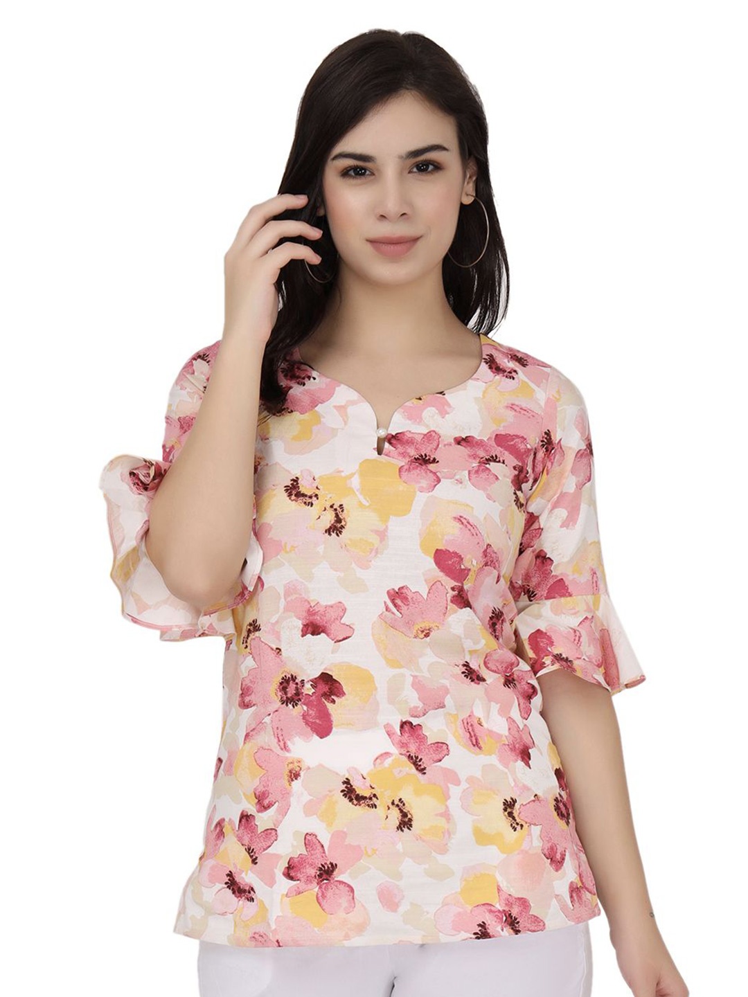 

PRIDEWEAR Floral Print Bell Sleeve Ruffles Top, White
