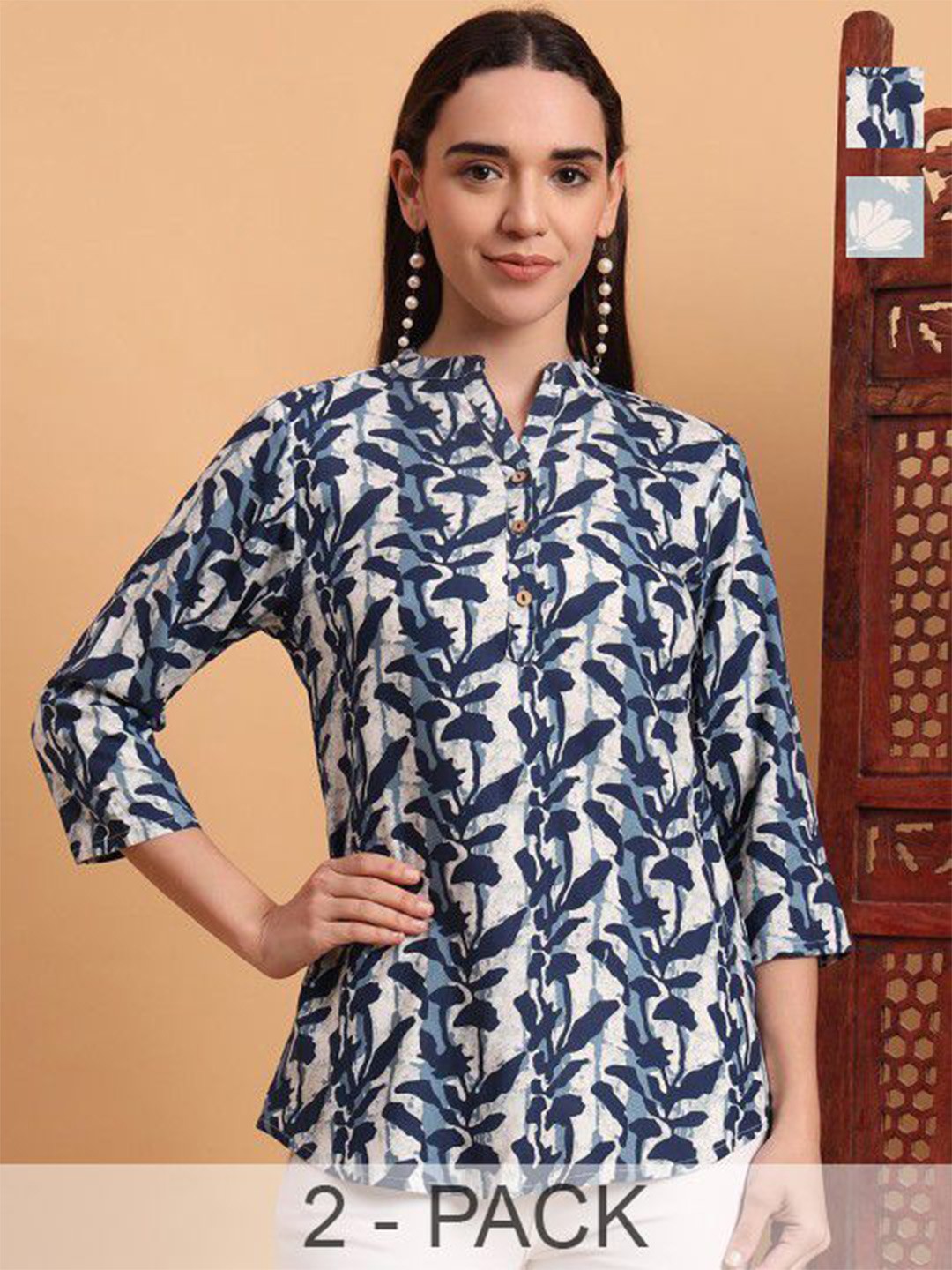 

Anouk Rustic Women Floral Printed Mandarin Collar Kurti, Blue