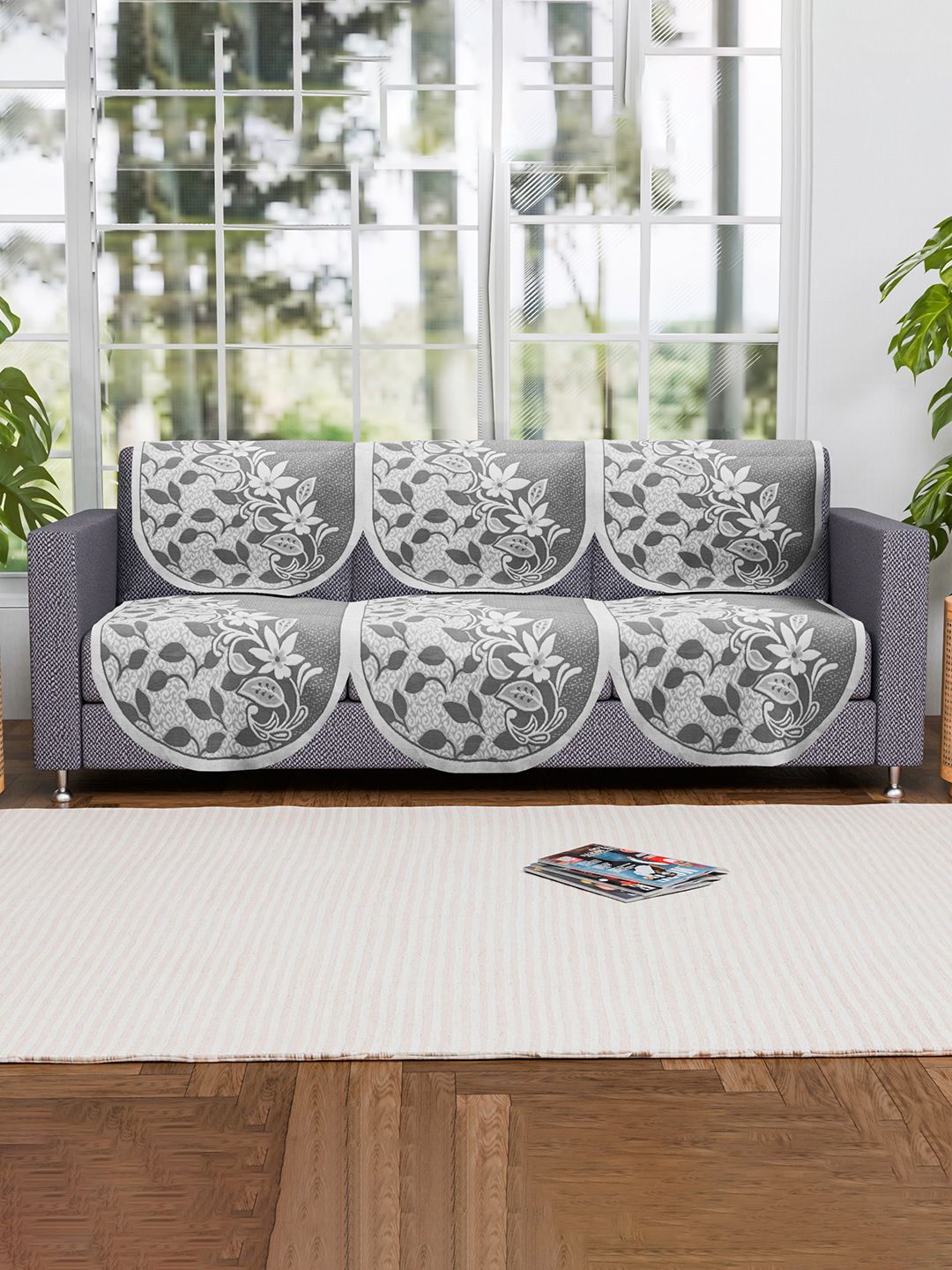 

Kuber Industries Grey & White 6 Pieces Self Design Cotton 3 Seater Sofa Covers