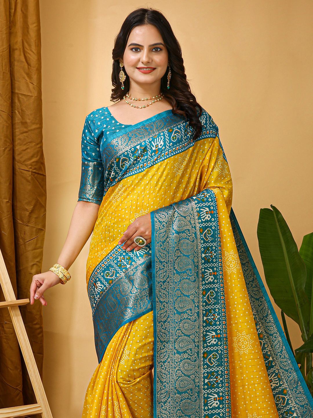 

Anouk Rustic Bandhani Zari Silk Blend Patola Saree, Yellow