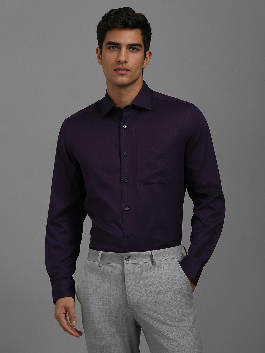 

Louis Philippe Men Classic Fit Spread Collar Textured Cotton Formal Shirt, Purple