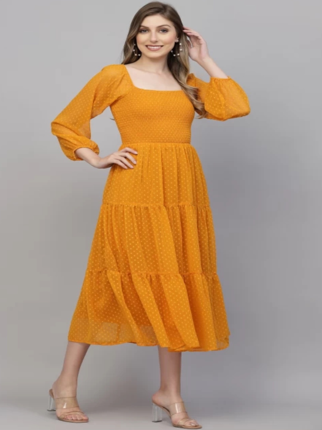 

BPT DESIGNER Women Self Design Fit & Flare Midi Dress, Mustard