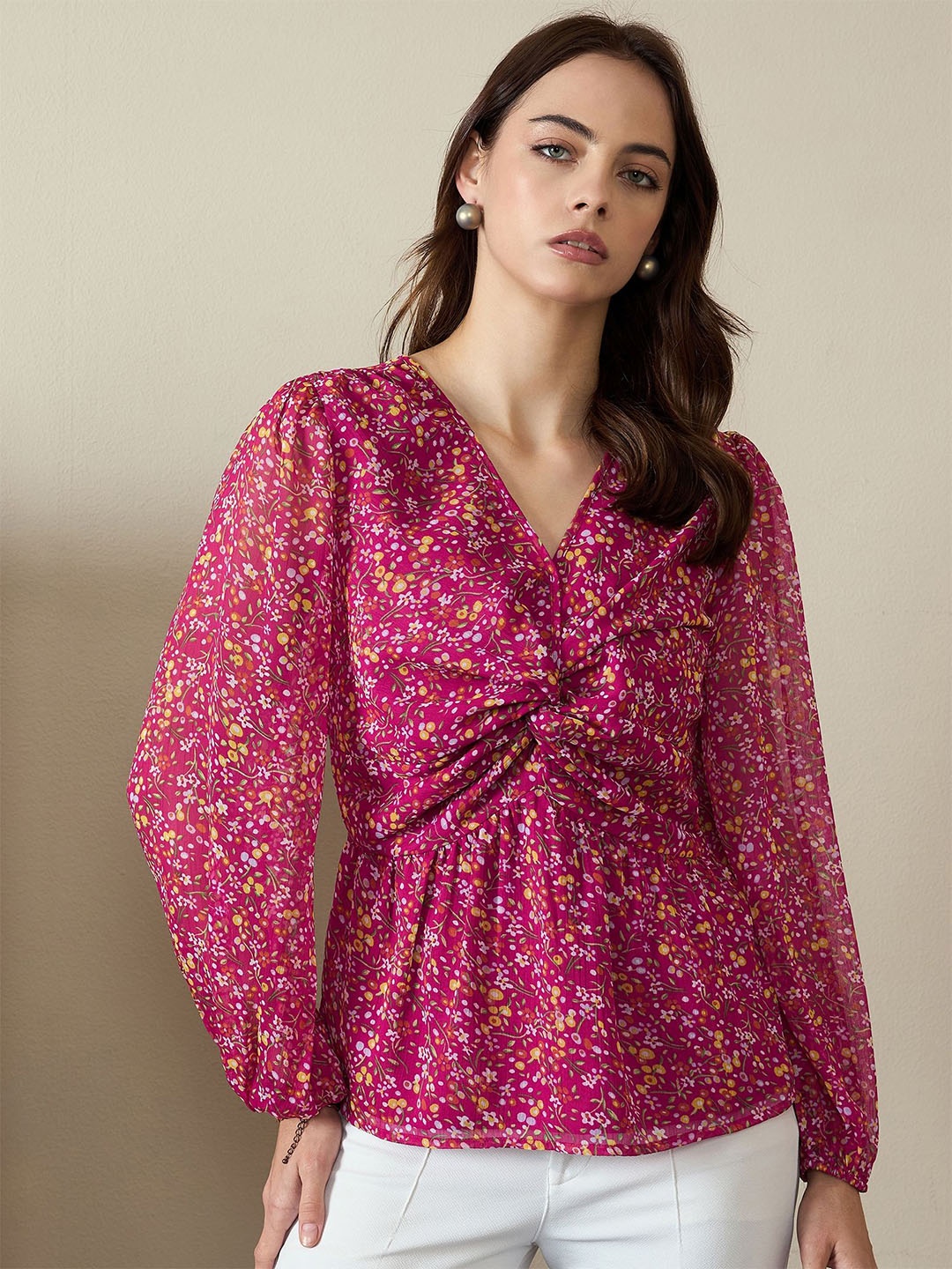 

Kibo Women Floral Printed Bishop Sleeves Chiffon A-Line Top, Pink