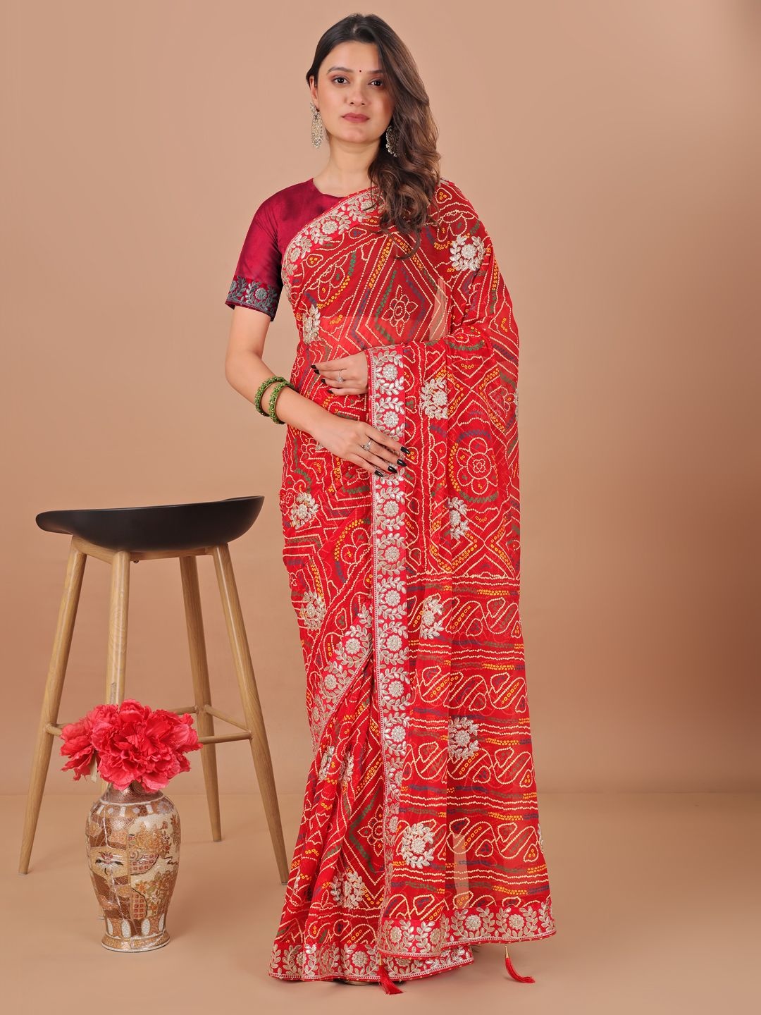 

Mitera Bandhani Embroidered Gotta Patti Bandhani Saree, Red