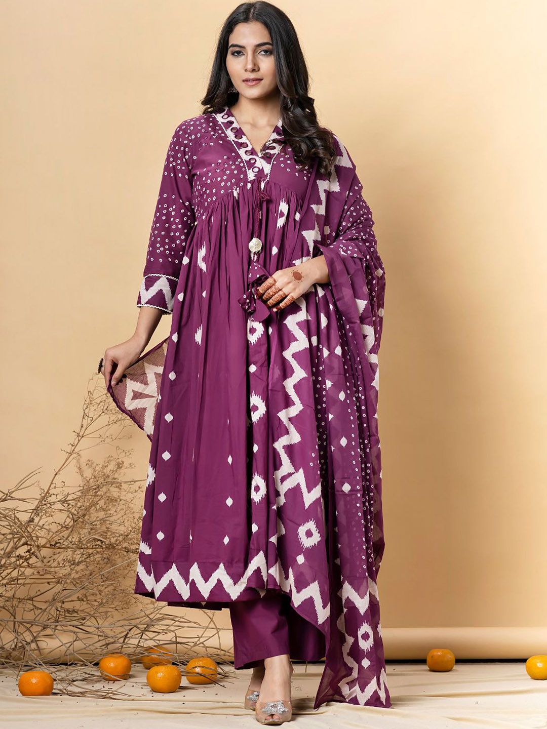 

Readiprint Bandhani Printed V Neck Mirror Work Pure Cotton Empire Kurta With Palazzos, Purple