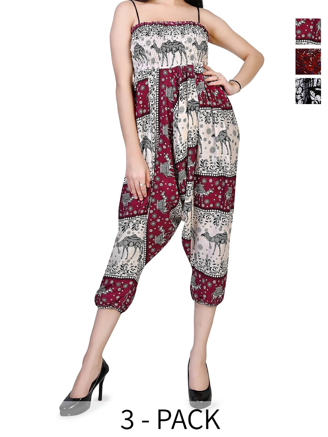 

NarNari Women Pack Of 3 Printed Mid-Rise Harem Pants, Maroon