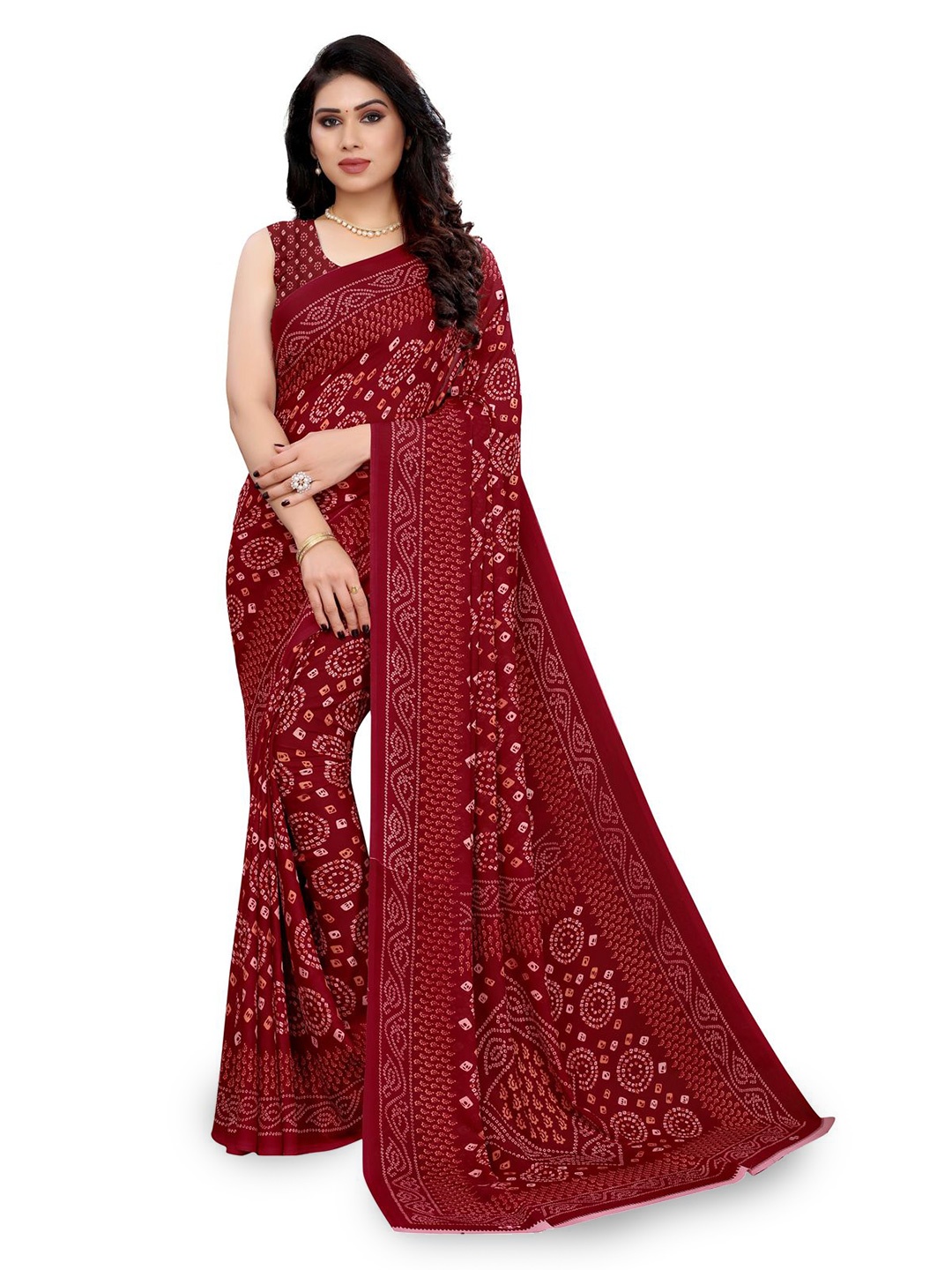 

HERE&NOW Bandhani Poly Georgette Saree, Maroon