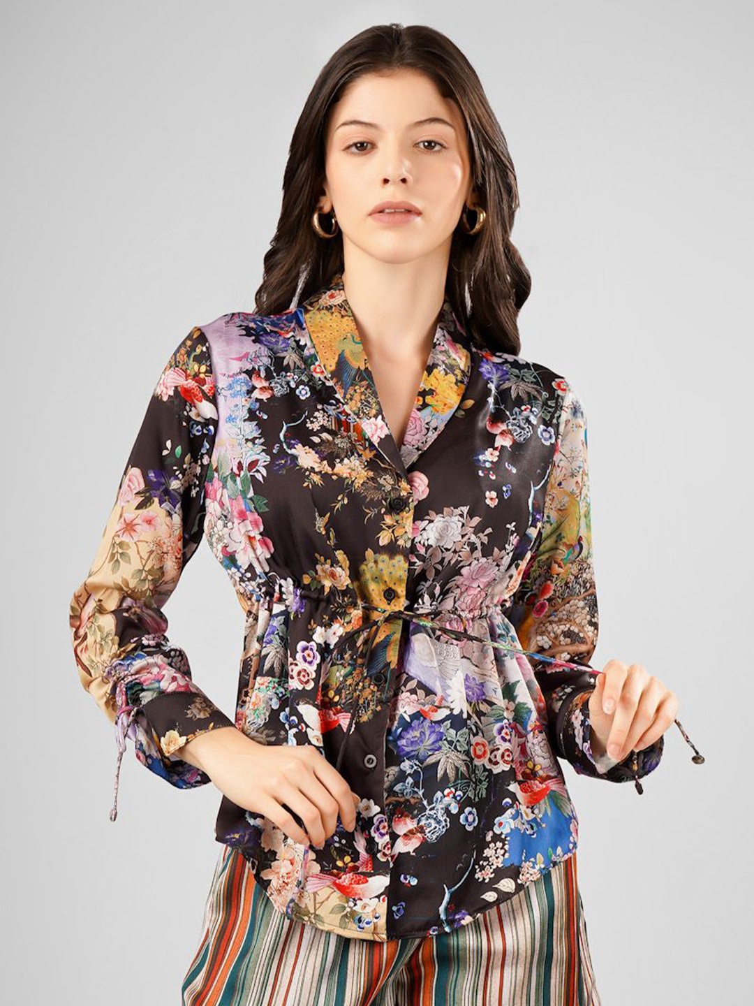 

Sukshat Floral Print Satin Cinched Waist Top, Multi