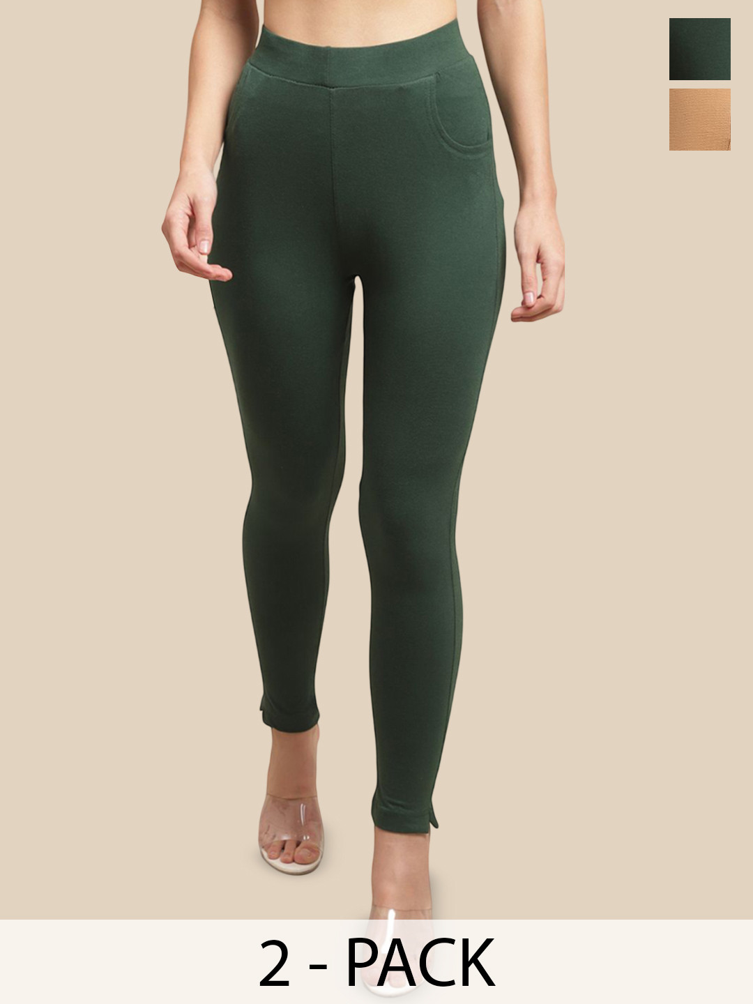 

Valles365 by S.C. Pack Of 2 Cotton Ankle-Length Leggings, Beige