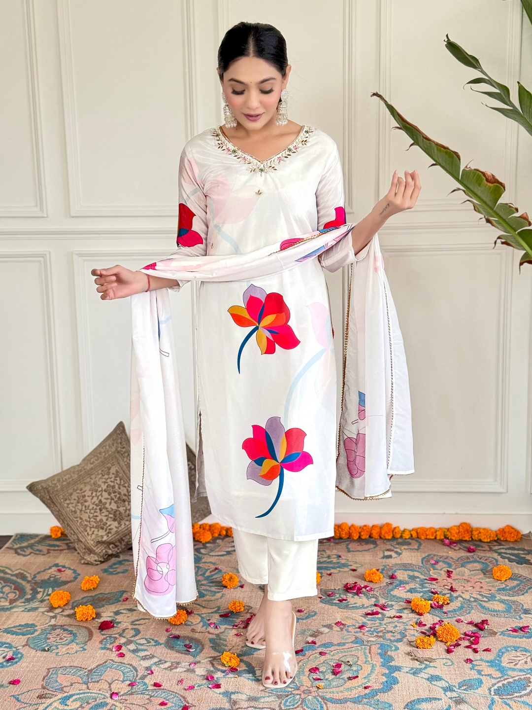 

KALINI Floral Printed V-Neck Straight Kurta With Trouser And Dupatta, White