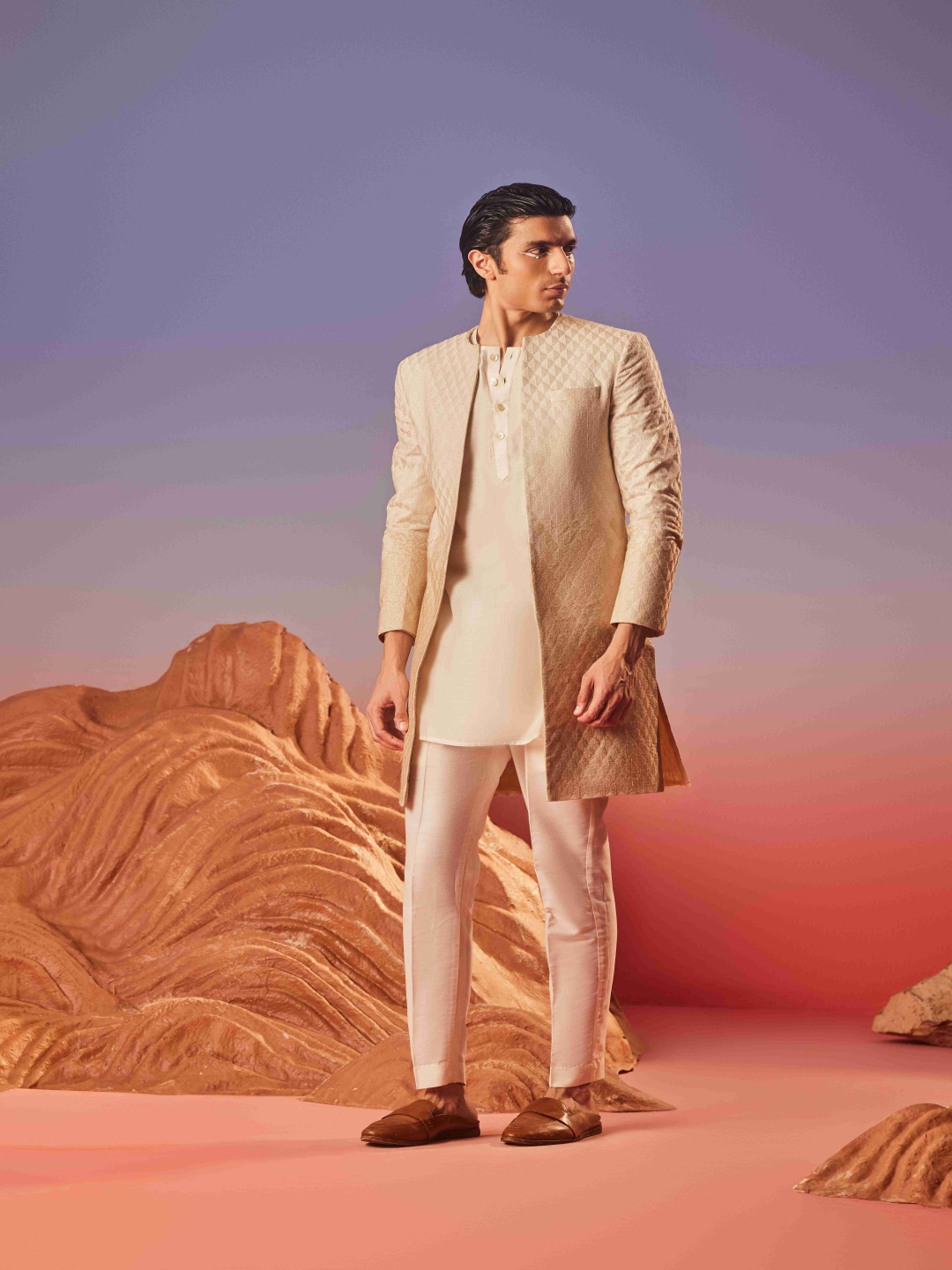 

Eleven Brothers Men Yoke Design Keyhole Neck Flared Sleeves Chanderi Silk Kurta, Beige