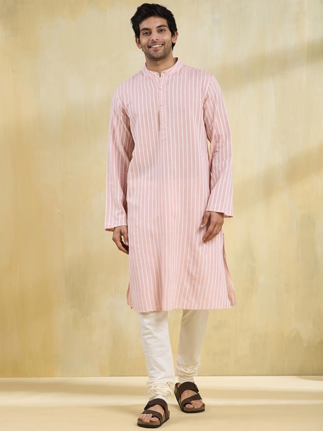 

Fabindia Men Striped Thraed Work Band Collar Cotton Straight Kurta, Pink