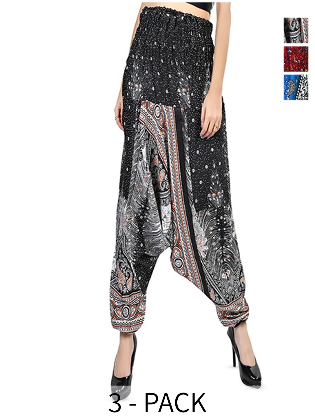 

NarNari Women Pack Of 3 Printed Harem Pants, Red