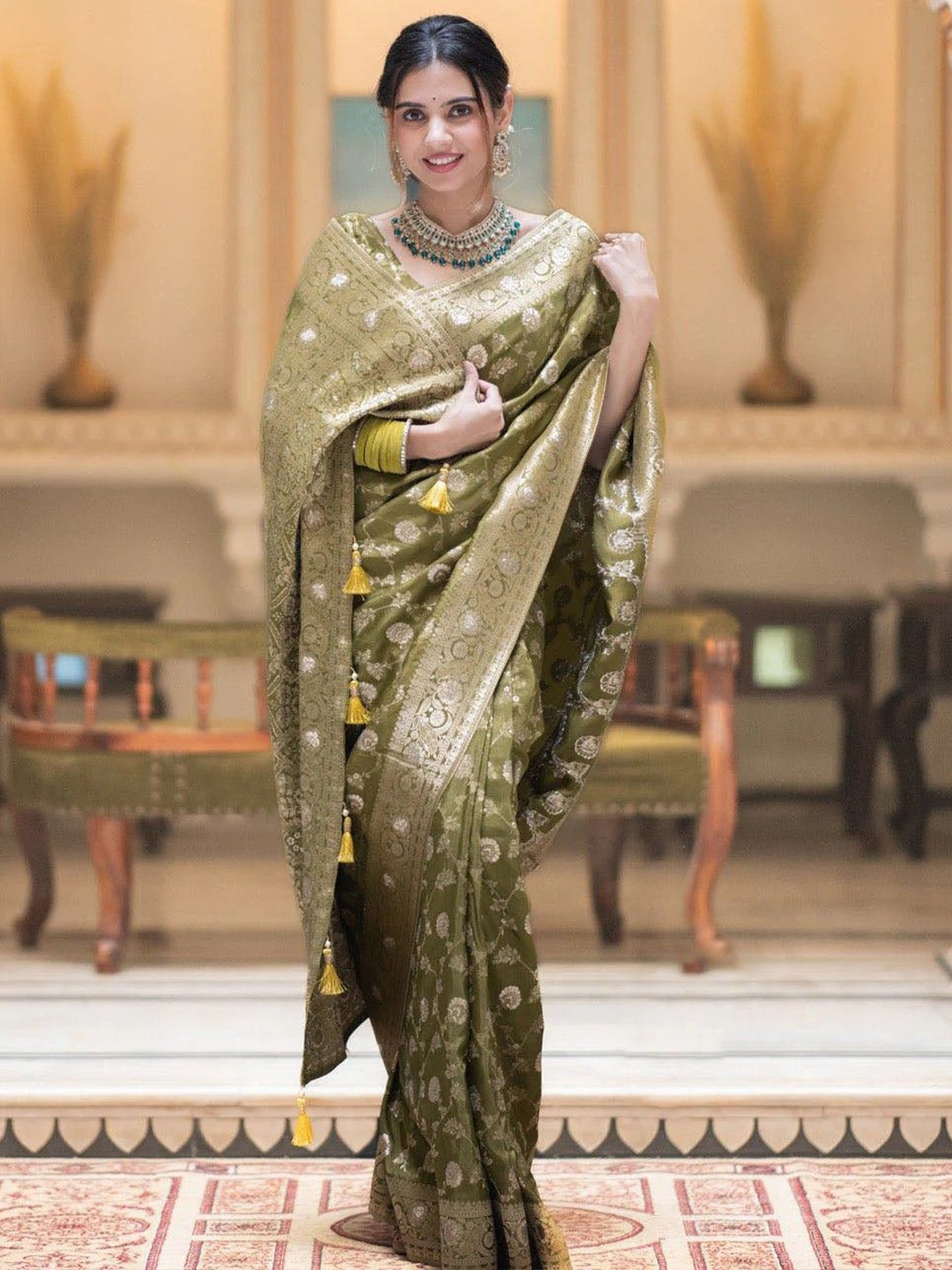 

yourwish Woven Design Zari Pure Silk Banarasi Saree, Fluorescent green