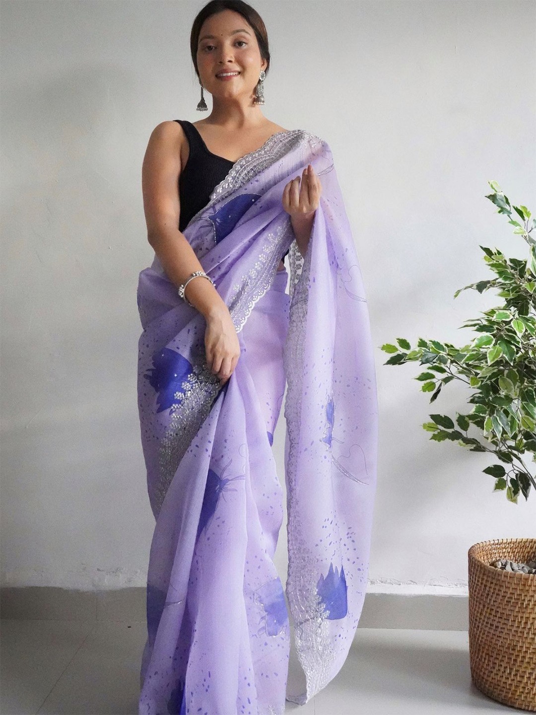 

ODETTE Sequinned Organza Saree, Purple