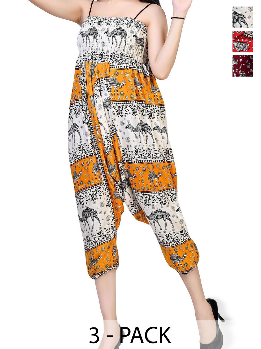 

NarNari Women Pack Of 3 Printed Mid-Rise Harem Pants, Mustard