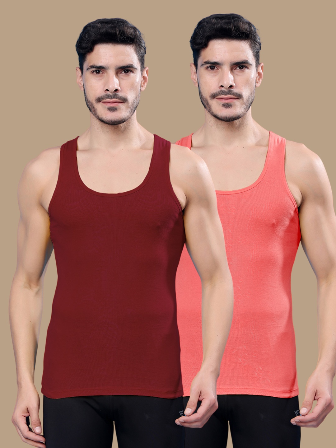 

Friskers Pack Of 2 Cotton Ribbed Gym Vest 24012025R-14-15, Maroon