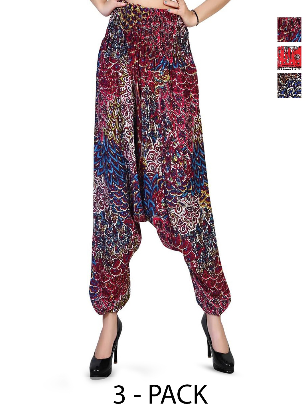 

NarNari Women Pack Of 3 Ethnic Motifs Printed Mid-Rise Harem Pants, Red