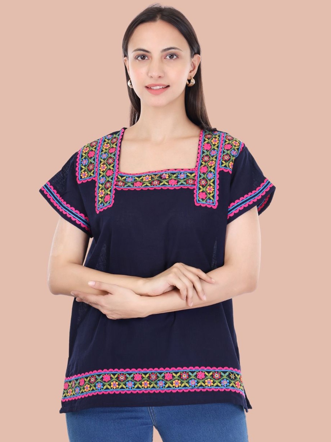 

Moda Rapido Women Floral Embroidered Pure Cotton Kurti, Navy blue