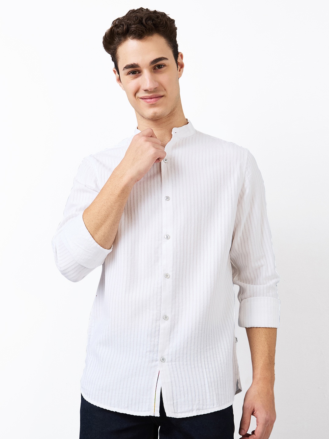 

SPYKAR Men Band Collar Vertical Striped Cotton Casual Shirt, White