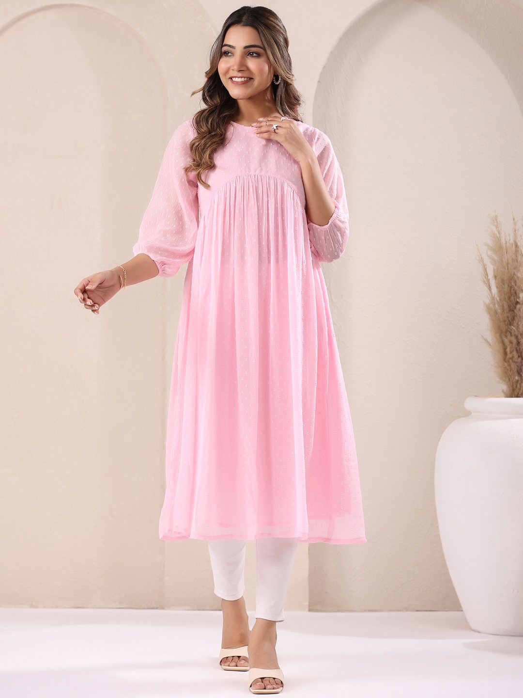 

Janasya Women's Baby Pink Dobby Chiffon Self Design A-line Kurta