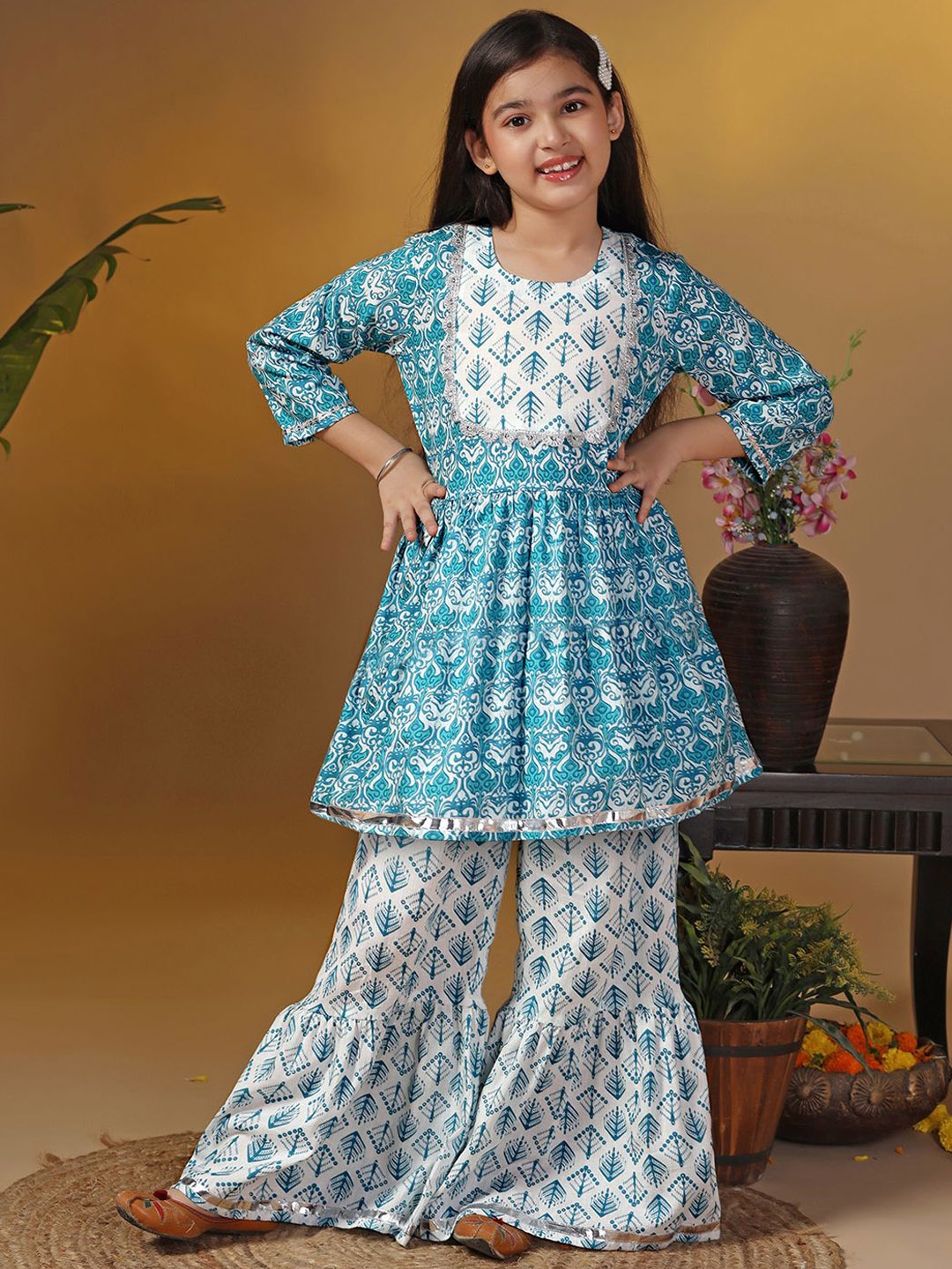 

FASHION DREAM Girls Ethnic Motifs Printed Round Neck Anarkali Kurta & Sharara, Blue