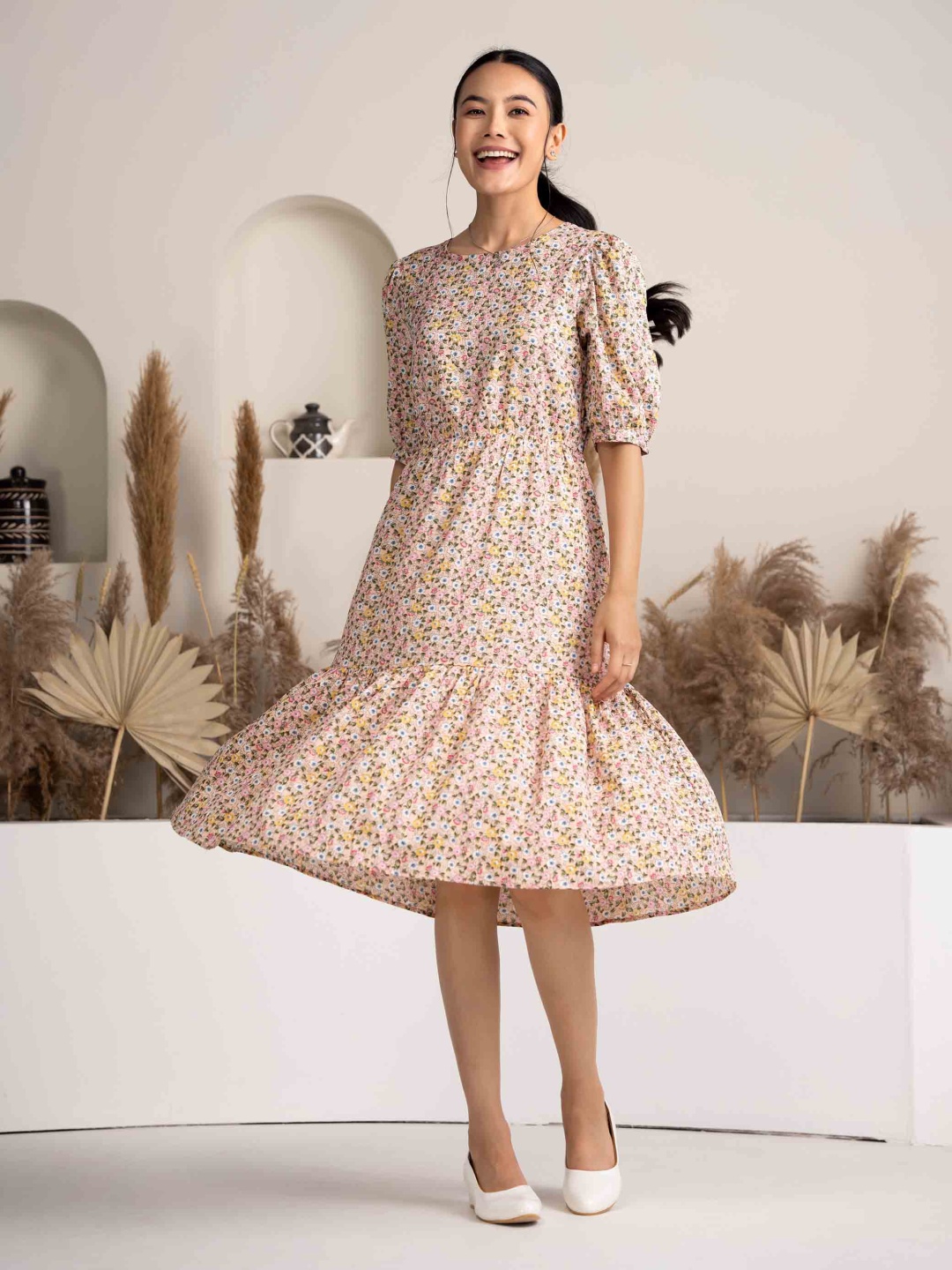 

DressBerry Floral Print Bell Sleeve Crepe Fit & Flare Dress, Peach