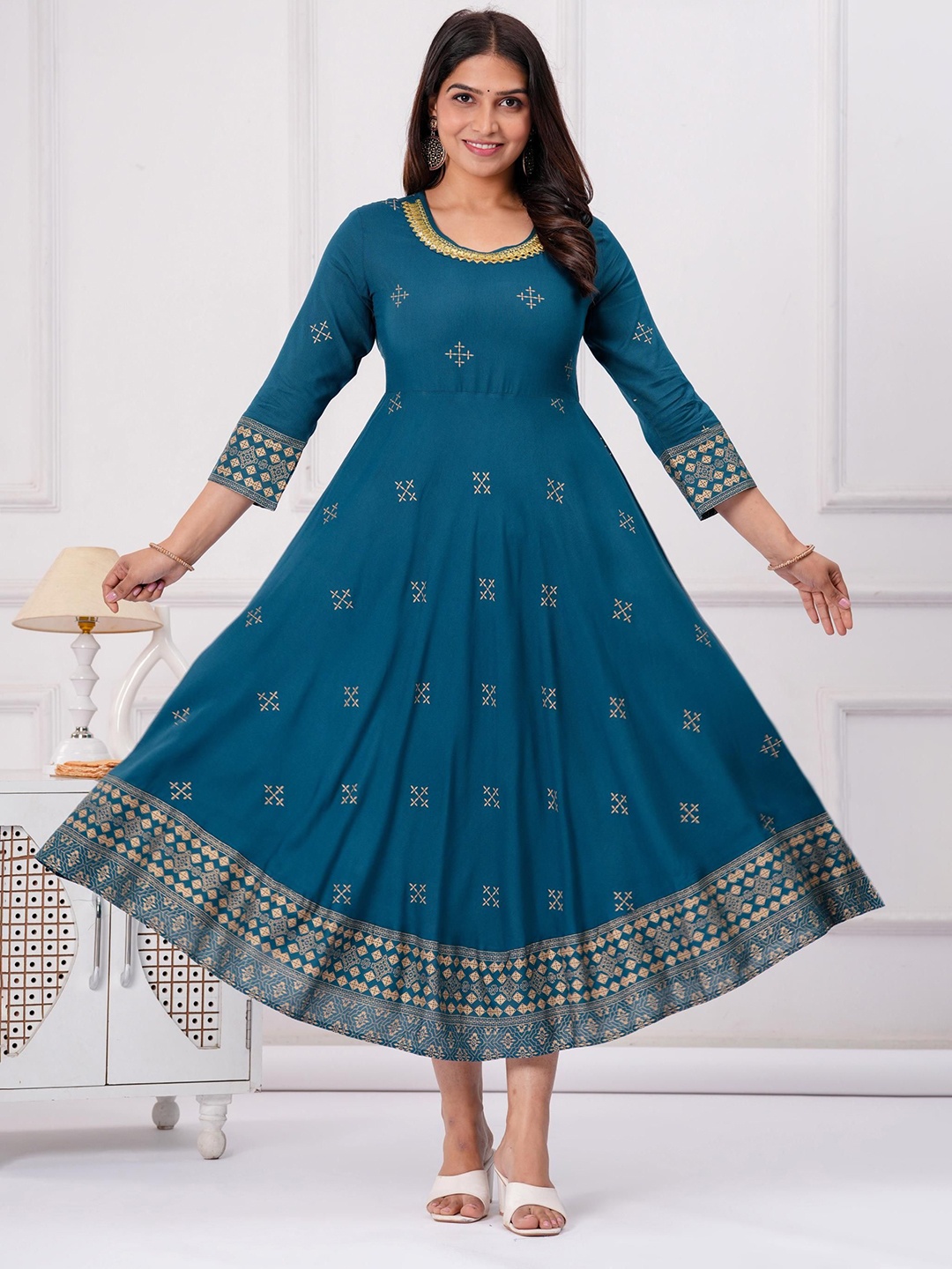 

Sanganeri Kurti Ethnic Motifs Print Fit & Flare Midi Dress, Turquoise blue