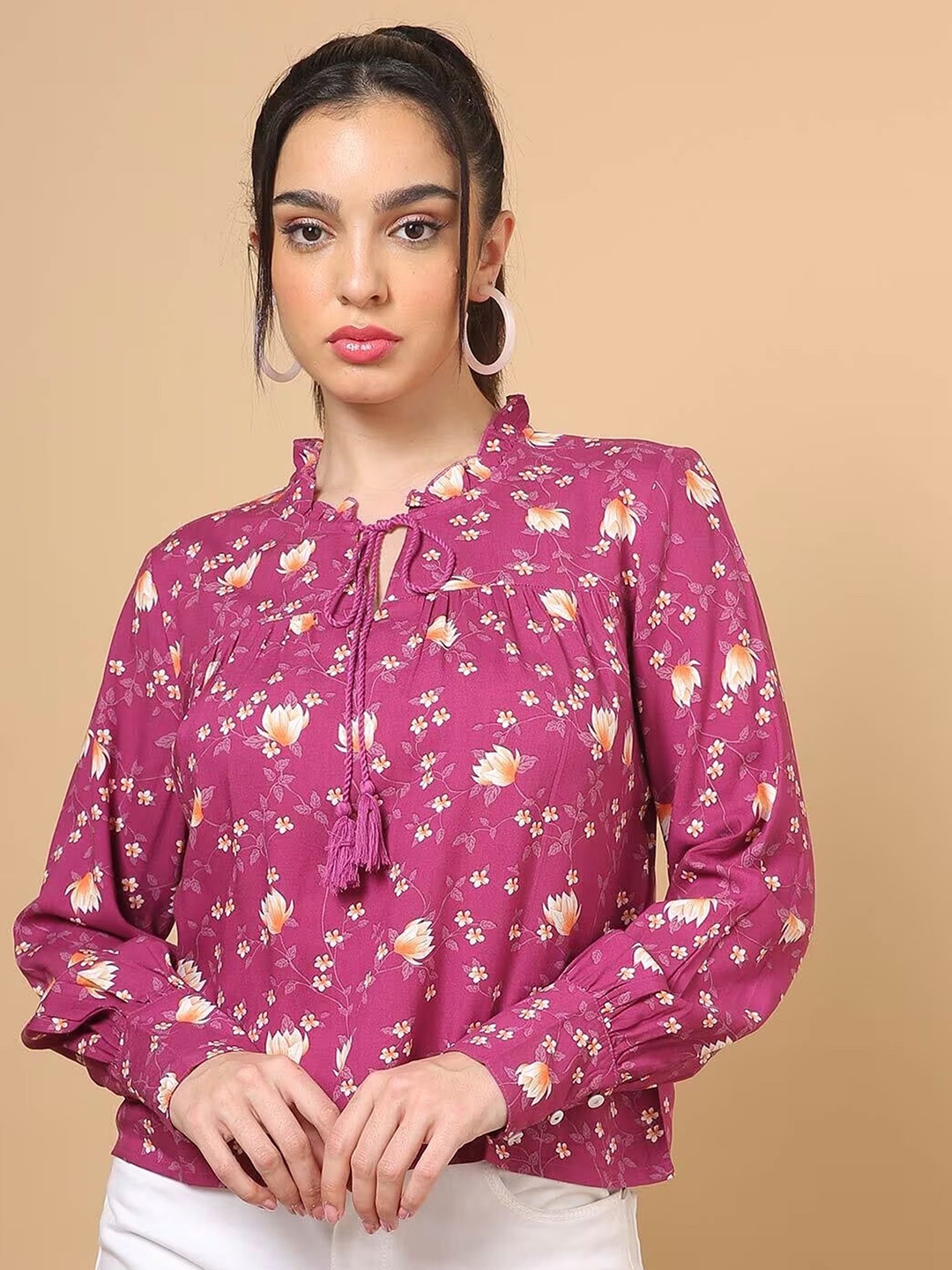 

SAKURA Floral Print Tie-Up Neck Liva Top, Pink