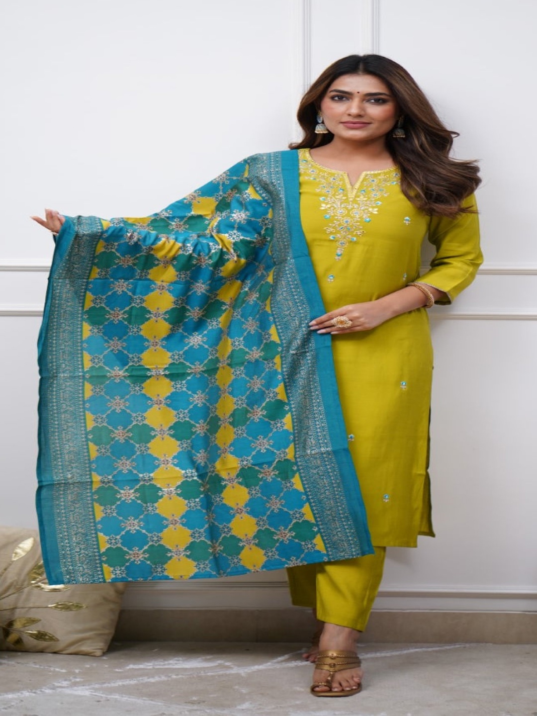 

KALINI Thread Work Notch Neck Straight Kurta With Trousers And Dupatta, Yellow