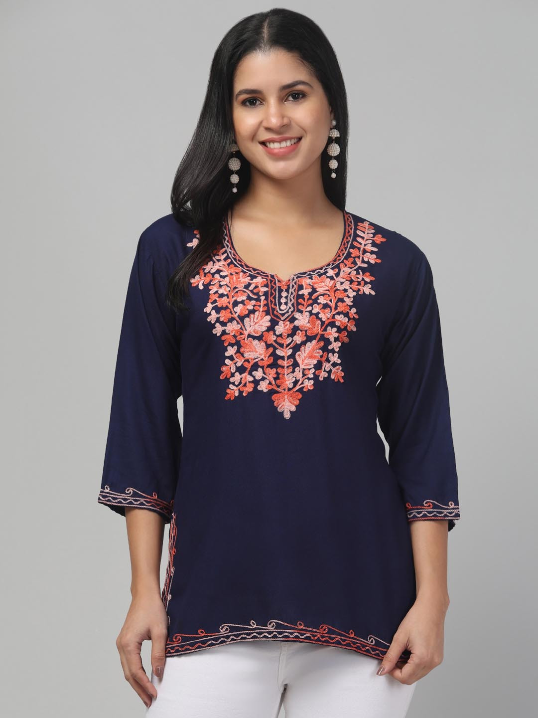 

Trend Level Floral Embroidered Kurti, Navy blue