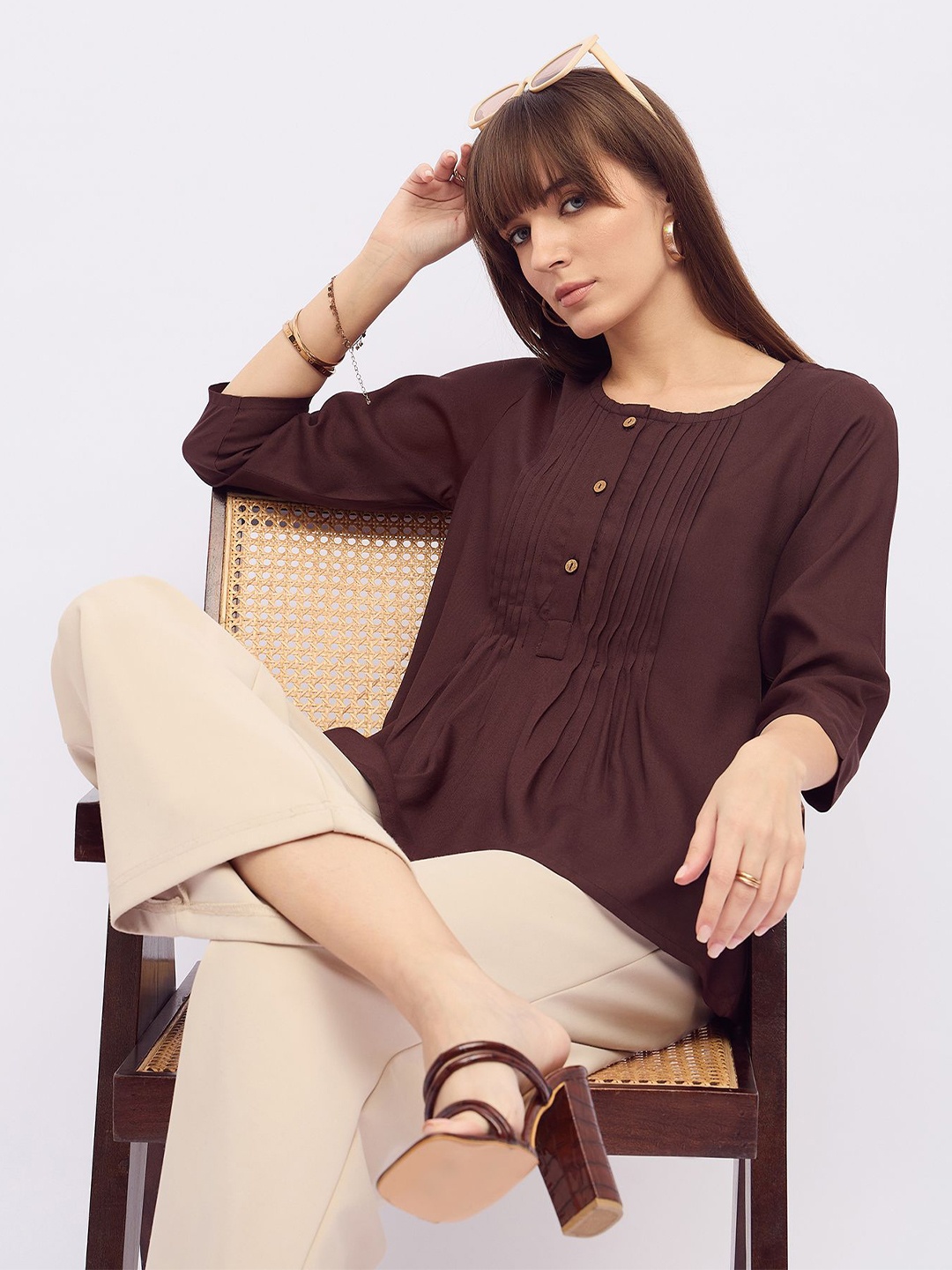 

DressBerry Mandarin Collar Top, Coffee brown